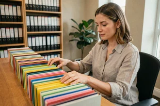 Femme organisant des dossiers colorés sur un bureau en bois dans un open space moderne