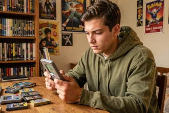 Jeune homme tenant une Game Boy Advance SP avec une cartouche Pokémon Émeraude dans une chambre rétro nostalgique