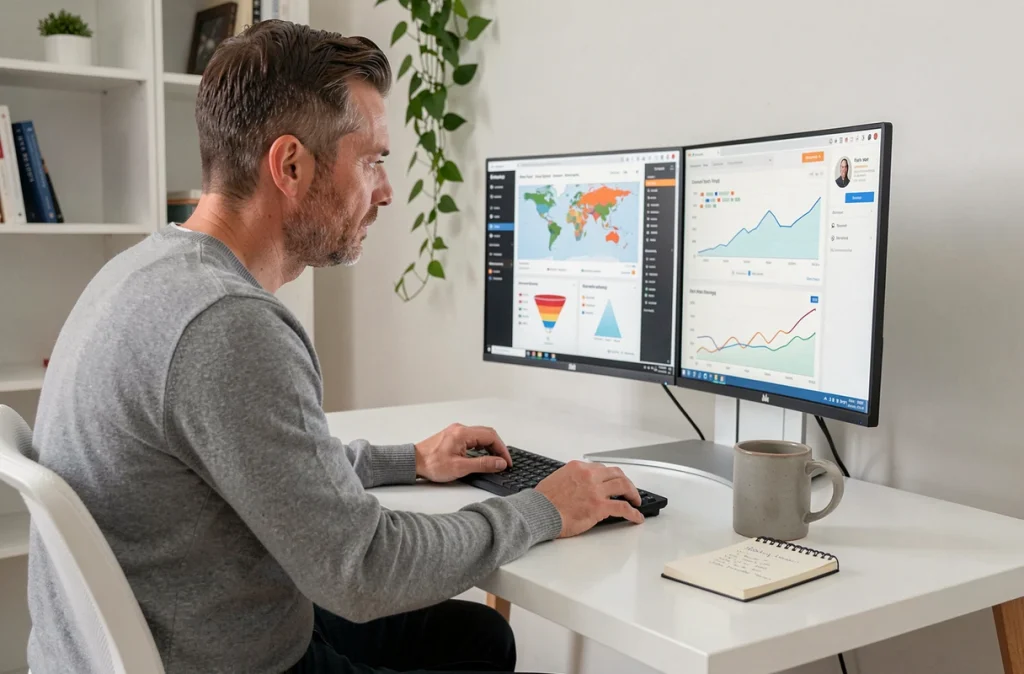 Professionnel du marketing travaillant sur l'analyse de données publicitaires depuis son bureau à domicile