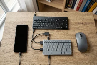 Samsung Galaxy Z Flip 4 écran noir connecté via adaptateur OTG USB-C à un clavier et une souris sur un bureau en bois