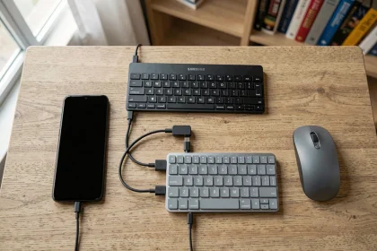 Samsung Galaxy Z Flip 4 écran noir connecté via adaptateur OTG USB-C à un clavier et une souris sur un bureau en bois