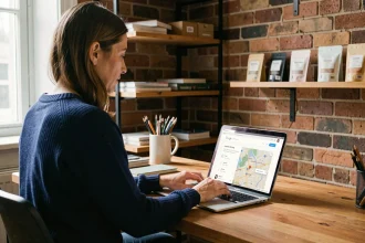 Femme gérant le référencement local de sa boutique en ligne sur un ordinateur portable dans un bureau artisanal