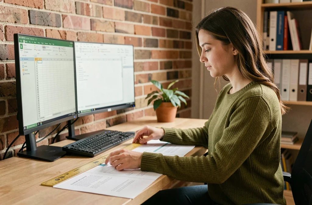 Professionnelle en télétravail ajustant la mise en page d'une feuille de calcul avant impression