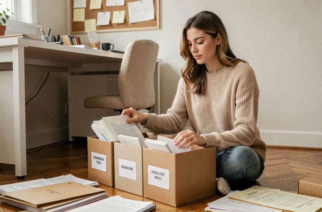 Jeune femme triant des documents et dossiers sur le sol d'un bureau à domicile avec des boîtes de rangement étiquetées