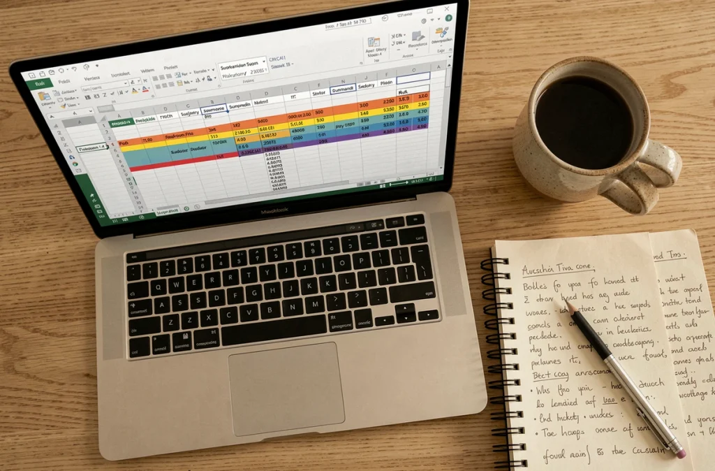 Vue aérienne d'un tableau croisé dynamique Excel ouvert sur un bureau avec carnet de notes