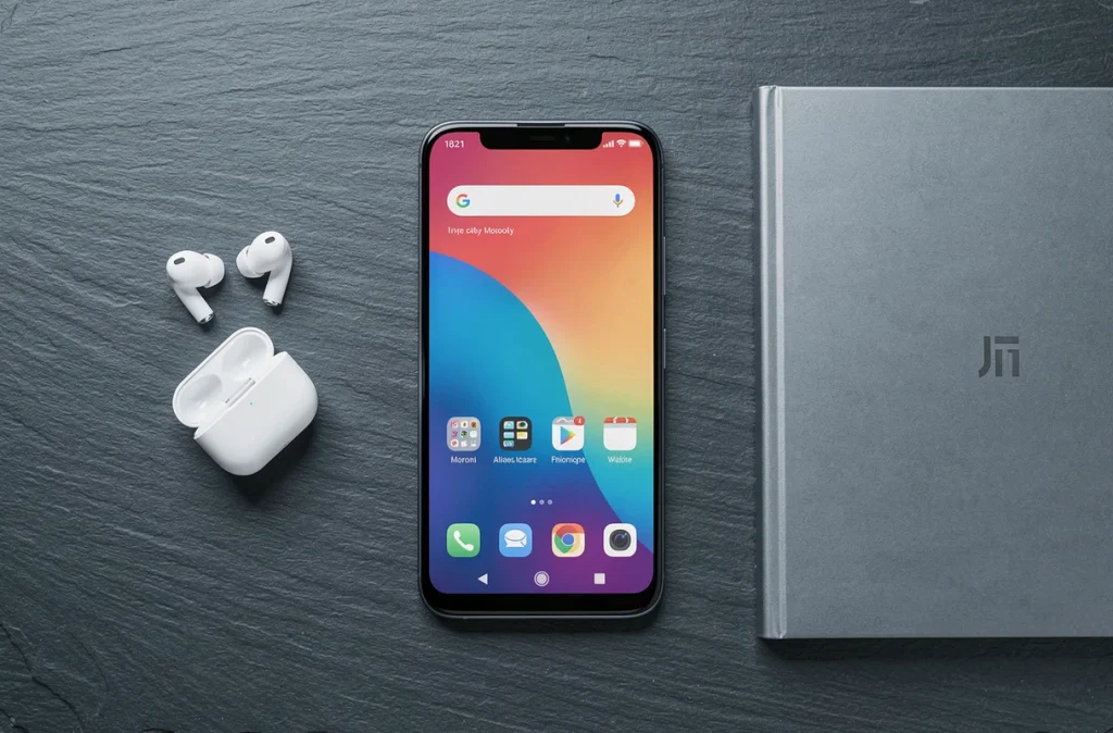Vue de dessus d'un smartphone Xiaomi posé sur une surface en ardoise avec des écouteurs sans fil et un carnet, composition lifestyle tech minimaliste