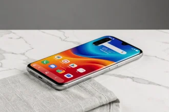 Smartphone Xiaomi milieu de gamme posé sur un bureau en marbre blanc, vue en plongée légère révélant l'écran et le module caméra