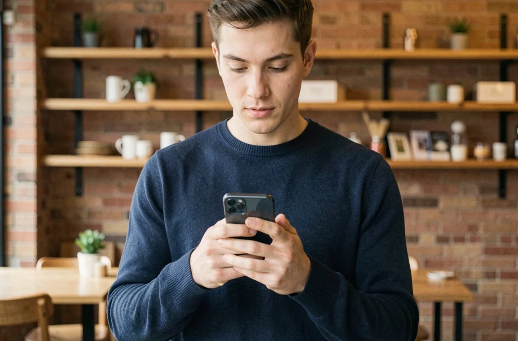 Homme tenant un smartphone Xiaomi dans un café urbain moderne, consultant l'interface de l'appareil d'un regard attentif