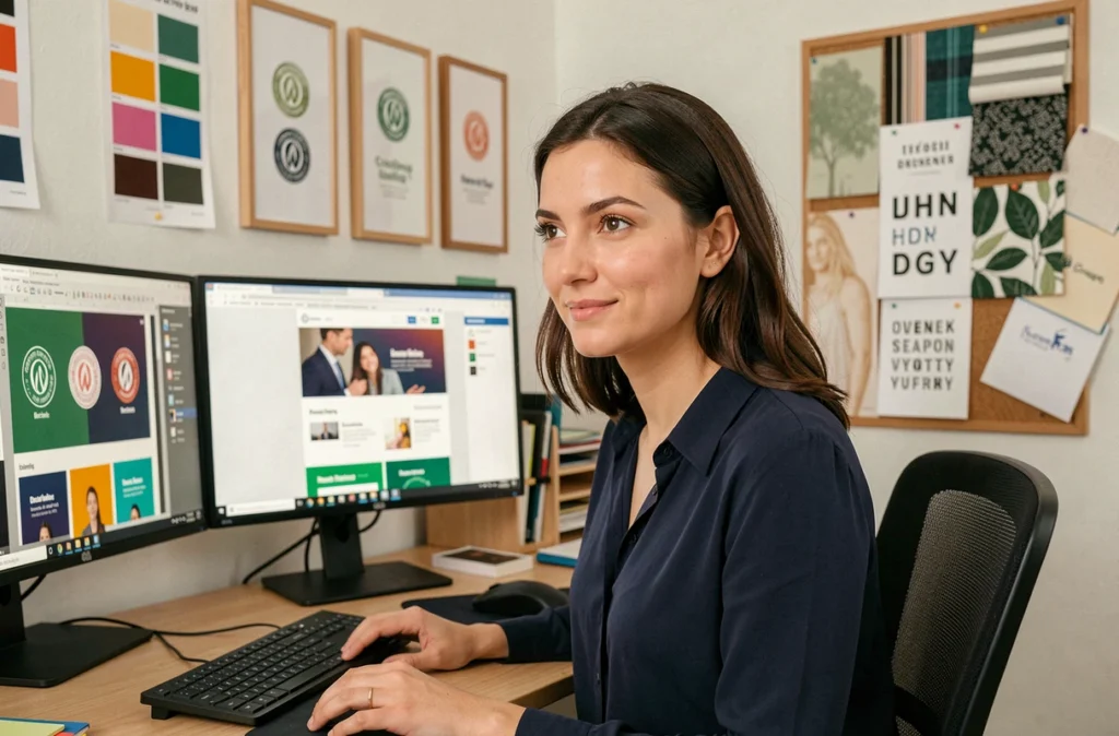 Designer graphique travaillant sur des projets d'identité visuelle et de création de sites web dans un studio créatif à Chatou