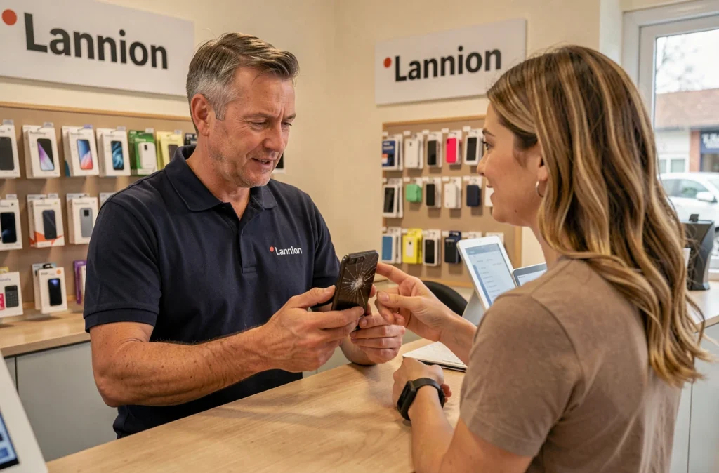 Technicien d'Armor Service Informatique conseillant une cliente pour la réparation de son mobile près de Lannion