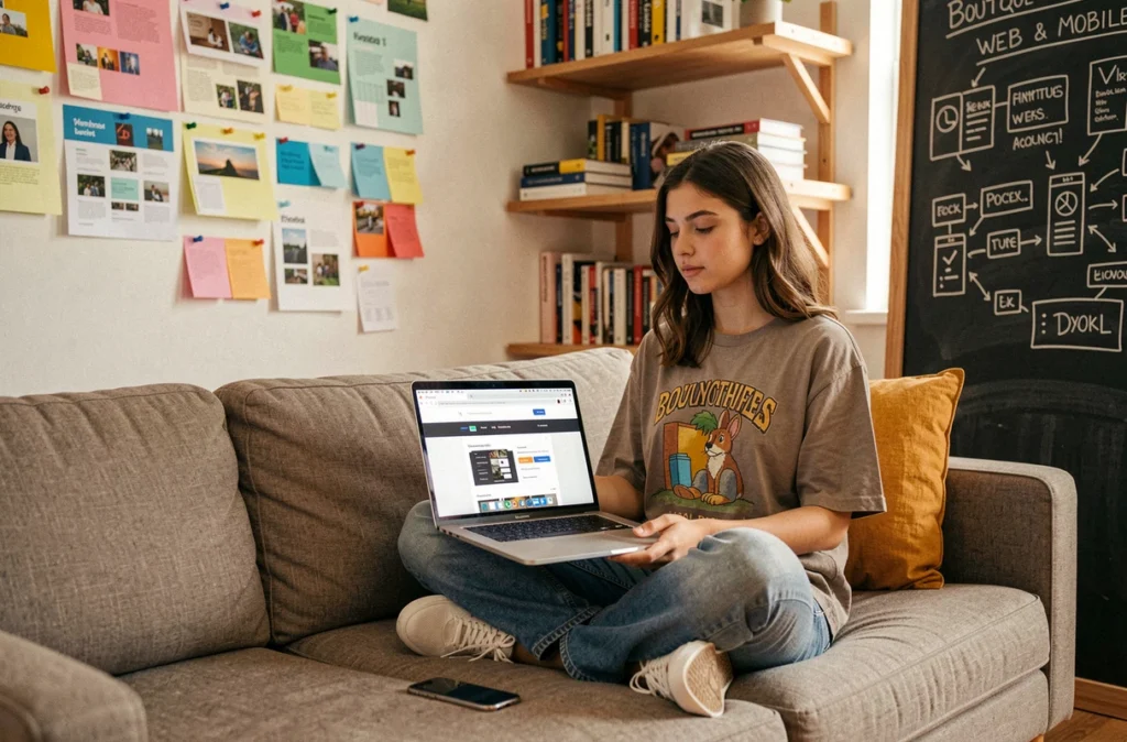 Développeuse web Artonik dans un studio créatif avec maquettes mobiles et web à Marseille