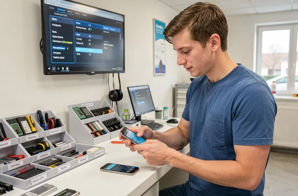 Technicien de l'Atelier de Réparation Hi-Tech testant un téléphone mobile réparé à Plérin