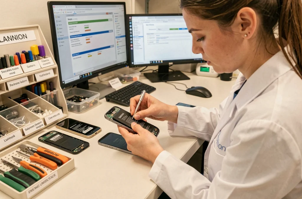 Technicienne d'Axe Info remplaçant la batterie d'un smartphone dans son atelier à Lannion