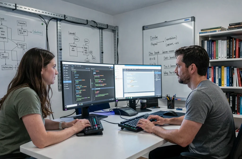 Deux développeurs collaborant sur des logiciels sur mesure et une interface WordPress dans les bureaux de Beecomy à Versailles