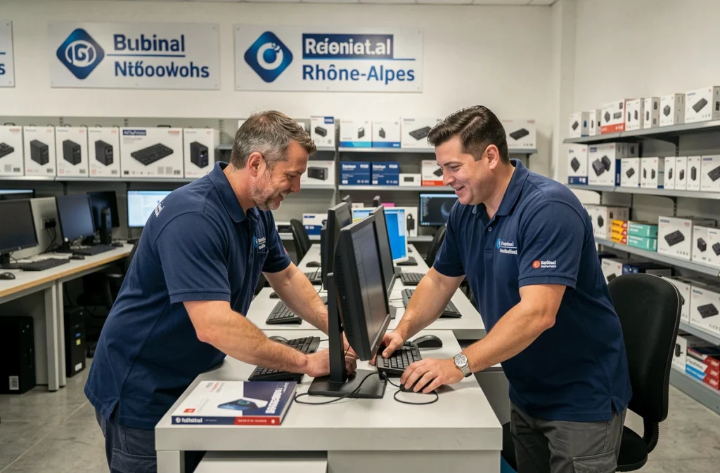 Techniciens du réseau BIMP travaillant dans une agence informatique régionale en Rhône-Alpes