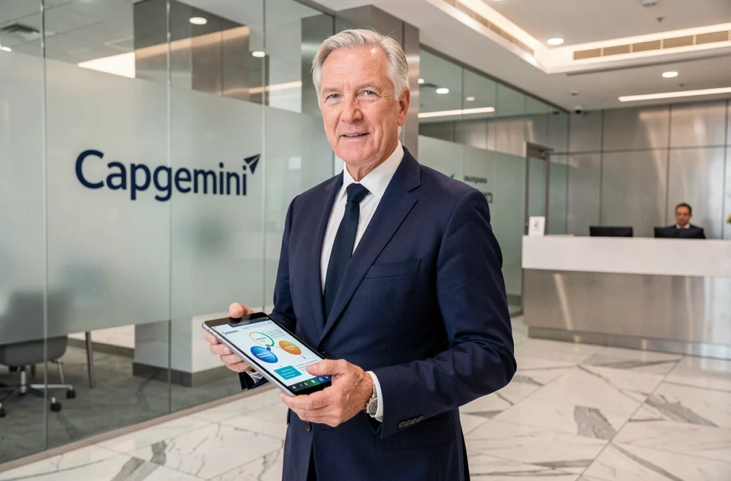 Consultant Capgemini en costume dans le hall d'une grande entreprise informatique à Marseille