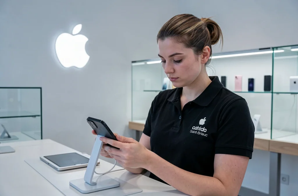 Spécialiste certifiée Apple examinant un iPhone dans le magasin C&C Apple Premium Reseller à Saint-Brieuc