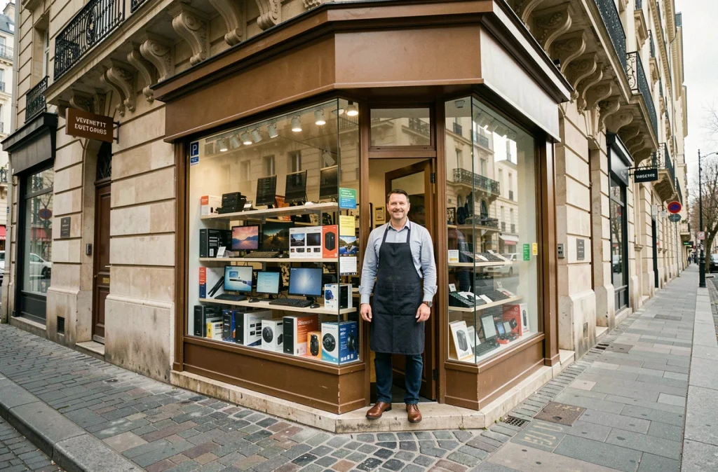 Façade de la boutique CFI Lyon sur la rue Vendôme avec un large catalogue de produits informatiques en vitrine