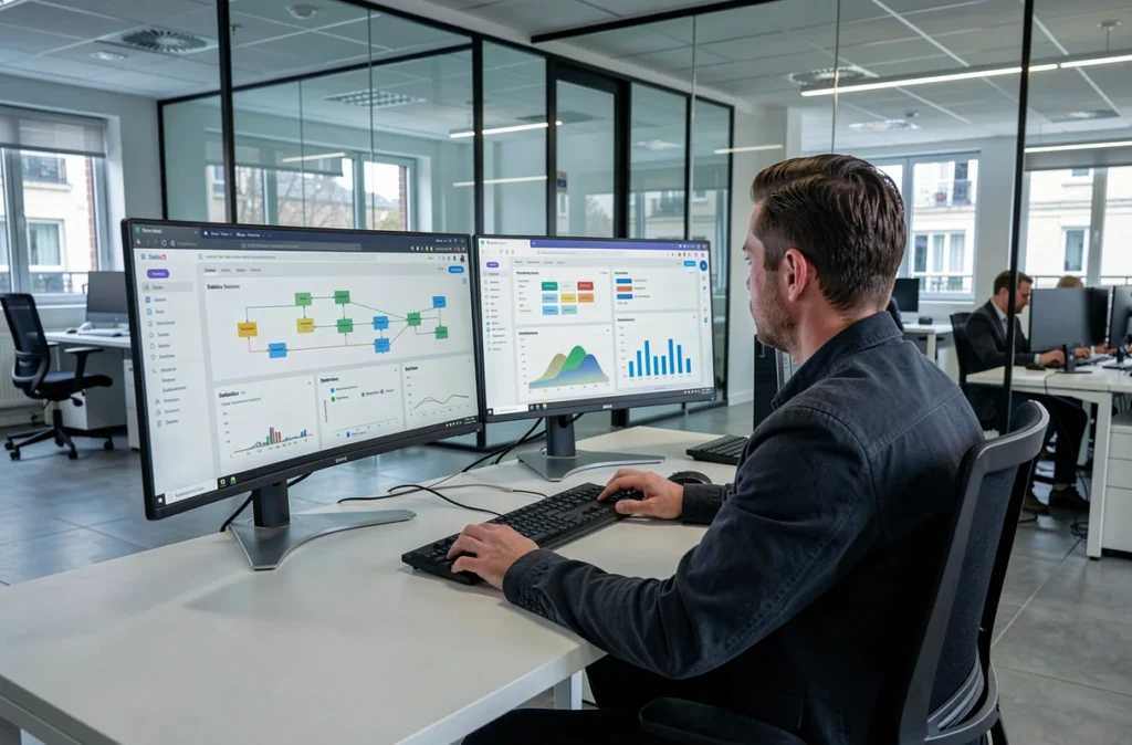 Consultant data analysant un pipeline Dataiku sur deux écrans dans un bureau open-space moderne à Tours