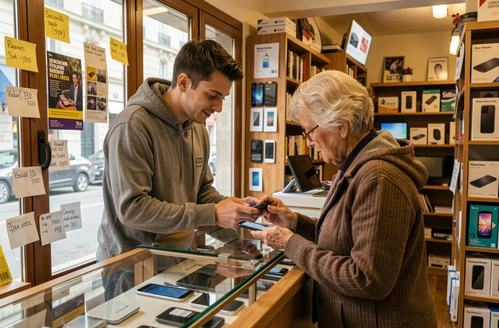 Vendeur de Cyber 69 dans le 7e arrondissement de Lyon aidant une cliente avec ses équipements multimédias