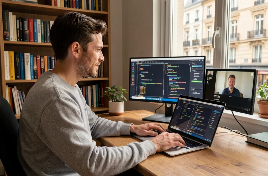 Développeur .NET en télétravail partiel dans son bureau à domicile avec Visual Studio ouvert et interface de visioconférence