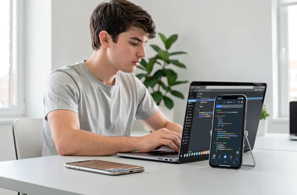 Développeur web et mobile Flutter travaillant sur une application affichée sur ordinateur et smartphone à Tours
