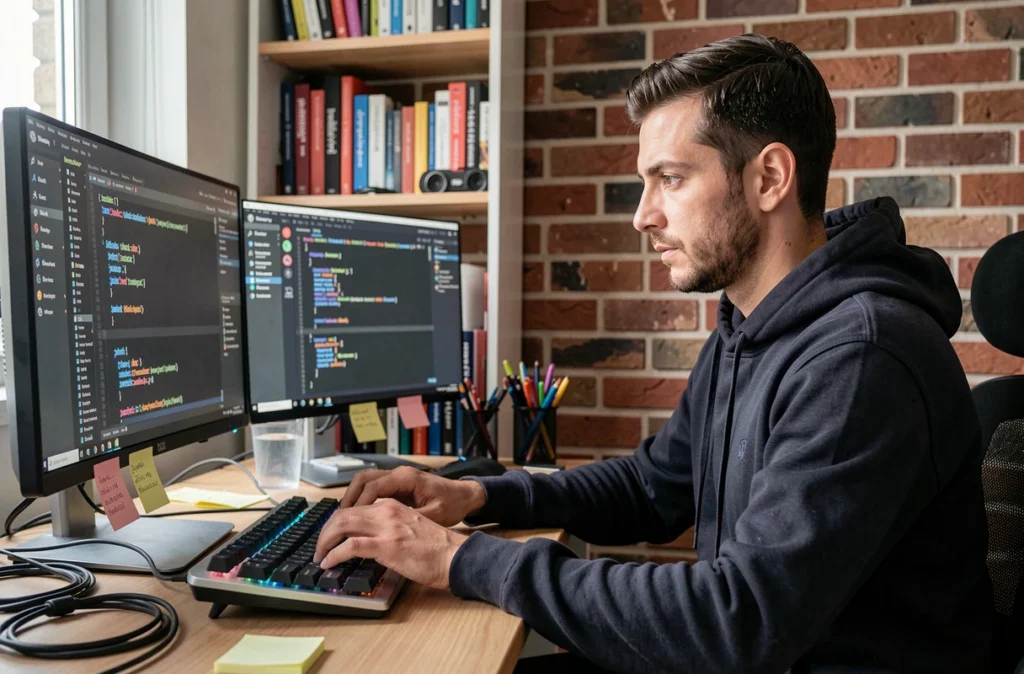 Développeur full-stack WordPress concentré sur son double écran dans un bureau à domicile à Tours