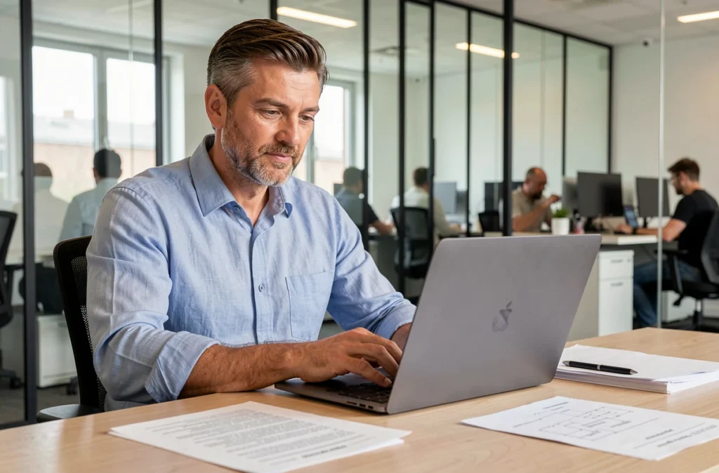 Développeur informatique professionnel en train de travailler sur son ordinateur portable dans un bureau moderne à Tours