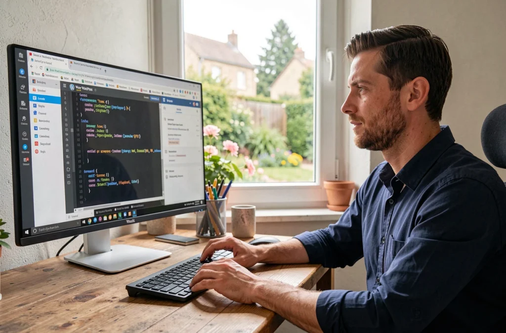 Développeur Python et WordPress dans son bureau à domicile à Saint-Cyr-sur-Loire avec un jardin visible en arrière-plan