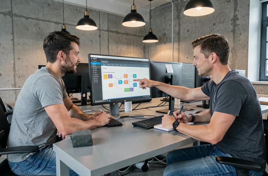 Deux développeurs full-stack collaborant sur un projet devant un écran affichant une architecture frontend et backend à Orléans