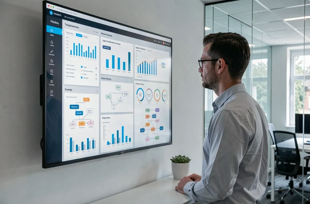 Analyste de données travaillant sur des tableaux de bord numériques et des stratégies de digitalisation dans un bureau moderne à Versailles
