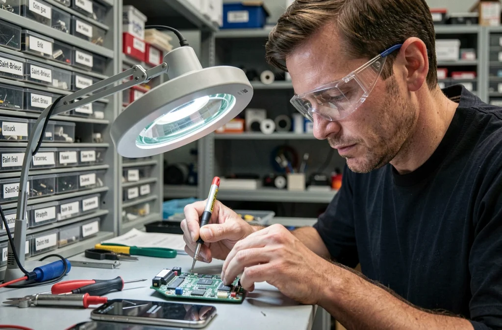 Spécialiste de DRD Electronic soudant un composant sur la carte mère d'un smartphone à Saint-Brieuc