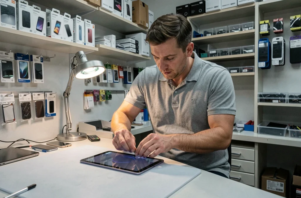 Technicien d'Electrov réparant une tablette dans son atelier à Lannion
