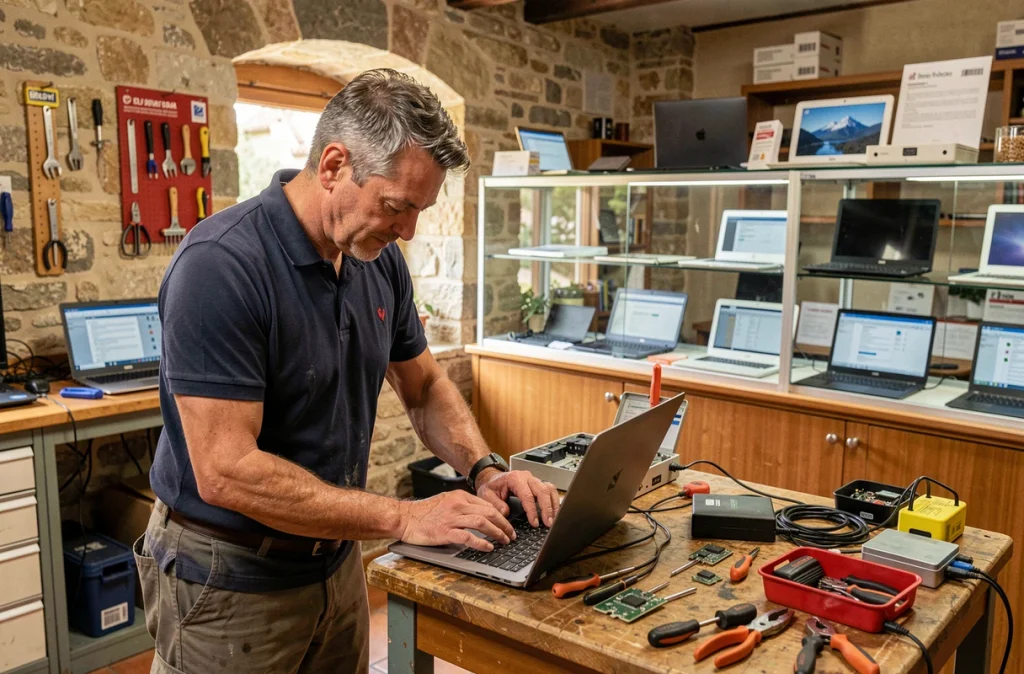 Technicien d'Eurêka 43 au Puy-en-Velay réparant un ordinateur portable dans son atelier de dépannage informatique