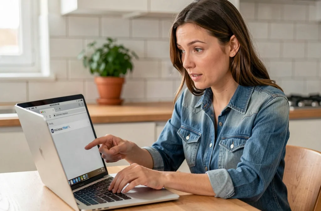 Femme consultant une adresse IP dans la barre d'adresse d'un navigateur sur son ordinateur portable
