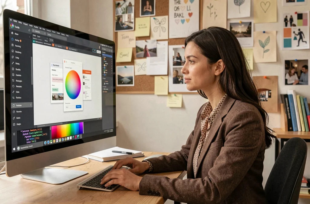 Graphiste et intégratrice freelance travaillant sur une maquette UI dans un studio créatif à Tours