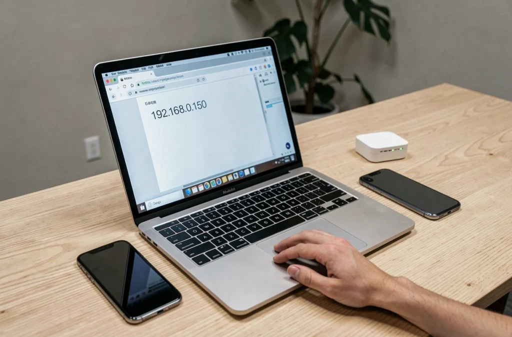 Gros plan d'un écran d'ordinateur portable affichant une adresse IP locale dans la barre d'adresse d'un navigateur web