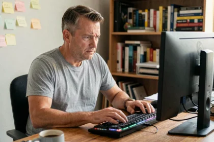 Homme tapant une adresse IP locale sur un clavier d'ordinateur de bureau à son domicile
