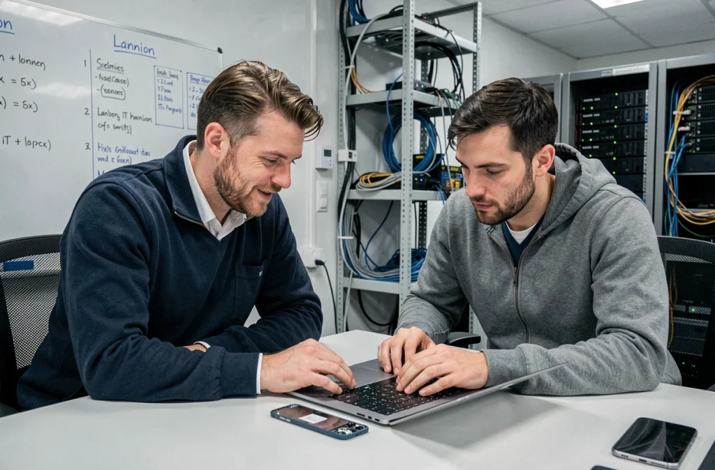 Techniciens d'IT Workers collaborant sur une réparation informatique et mobile à Lannion