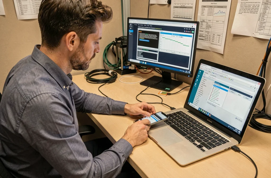 Technicien de JPMCOMON Informatique effectuant un diagnostic sur un smartphone à Saint-Brieuc