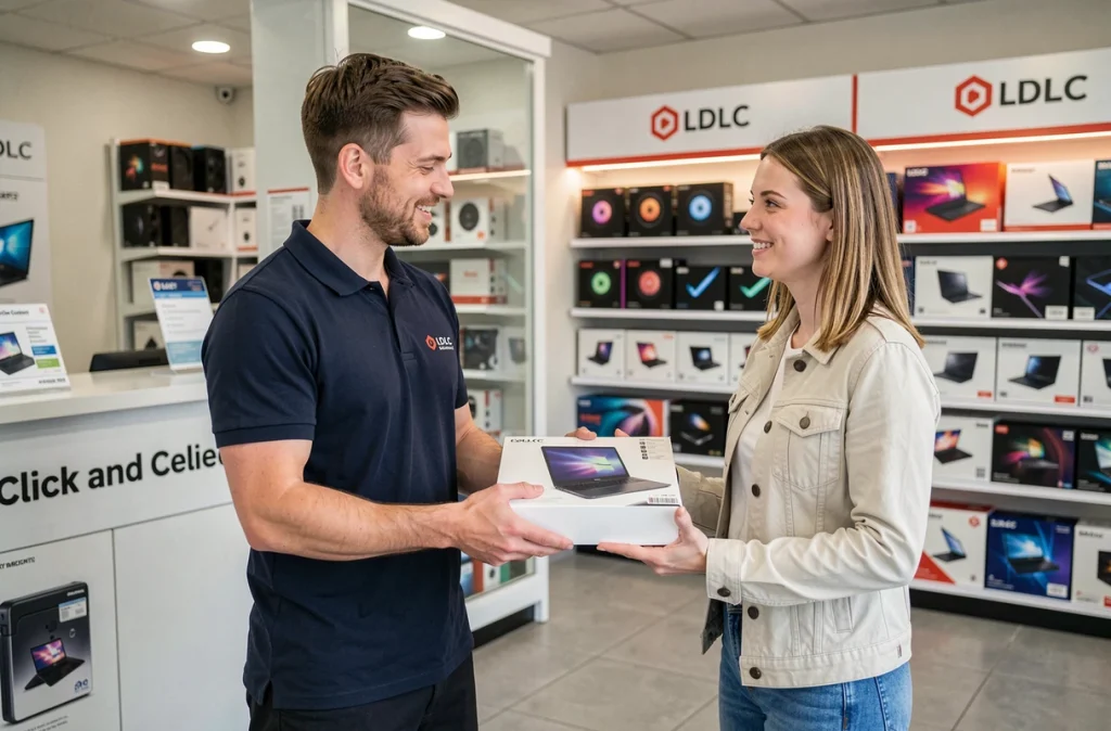 Employé du magasin LDLC Clermont-Ferrand remettant une commande Click and Collect à une cliente