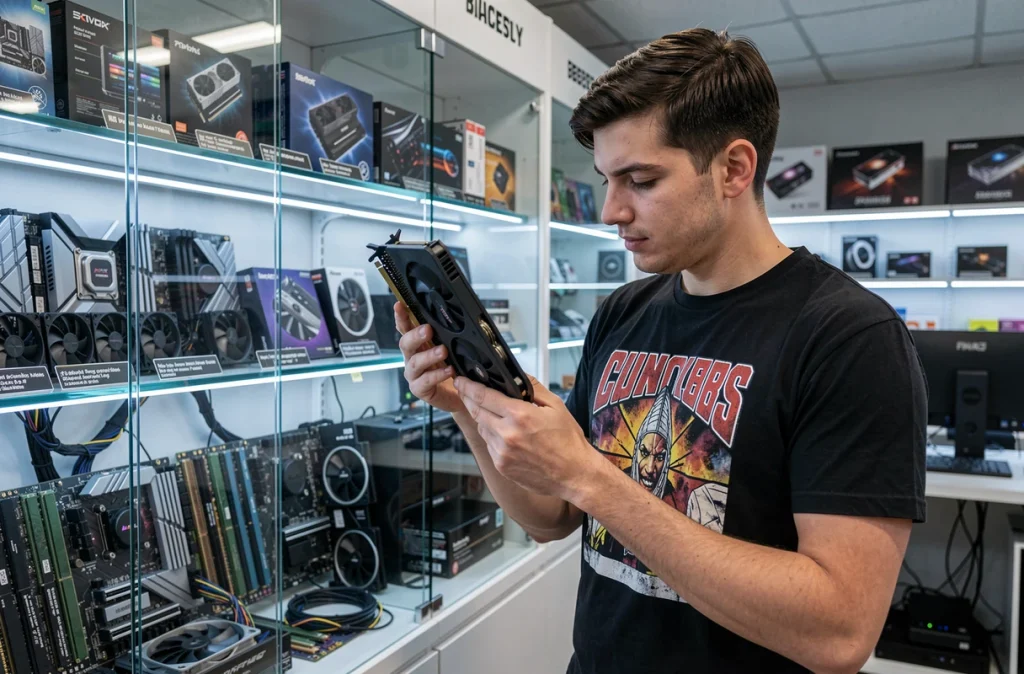 Client spécialiste examinant une carte graphique dans le magasin Macross Informatique à Lyon, spécialiste des composants PC