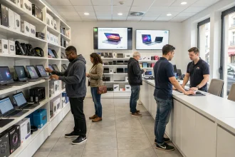 Intérieur d'un magasin informatique en Auvergne-Rhône-Alpes avec des clients parcourant les rayons de produits high-tech