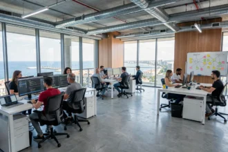 Bureau informatique moderne à Marseille avec vue sur la Méditerranée et équipes IT au travail