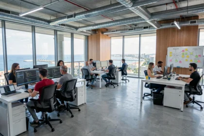 Bureau informatique moderne à Marseille avec vue sur la Méditerranée et équipes IT au travail