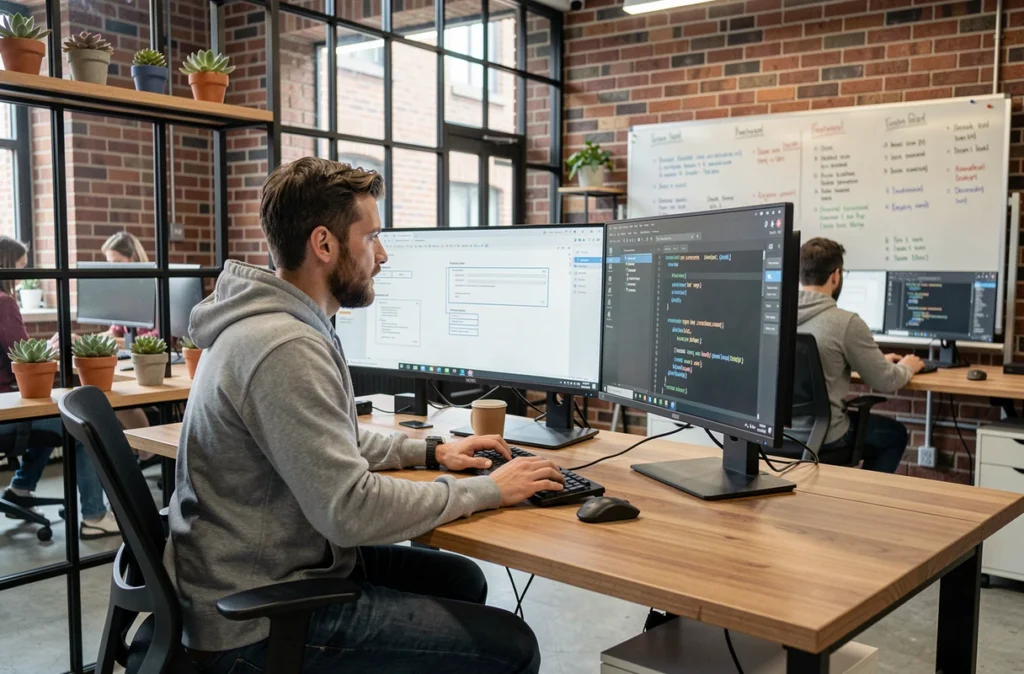 Développeur logiciel Net Invaders devant des écrans de code sur mesure dans une agence digitale à Marseille
