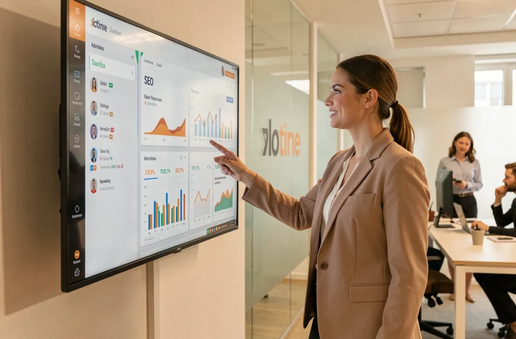 Professionnelle en marketing digital présentant des résultats de campagnes et des analyses SEO dans les bureaux de NEWP à Versailles