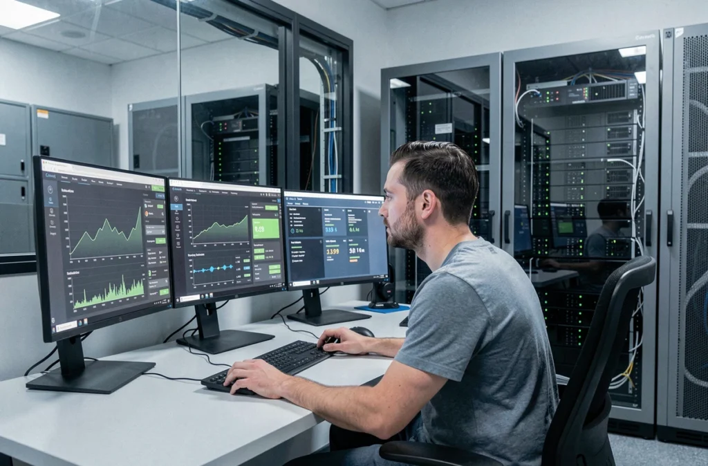 Ingénieur NFrance supervisant l'hébergement et l'infrastructure cloud depuis un centre de contrôle à Marseille