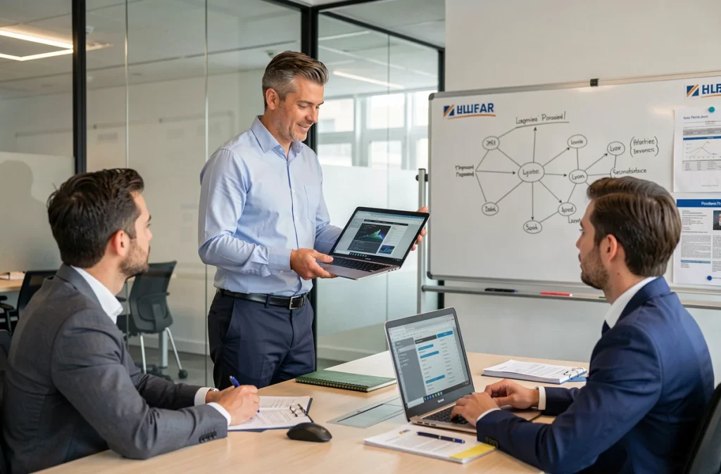 Consultant OPSI Lyon présentant des solutions informatiques à des clients professionnels en entreprise