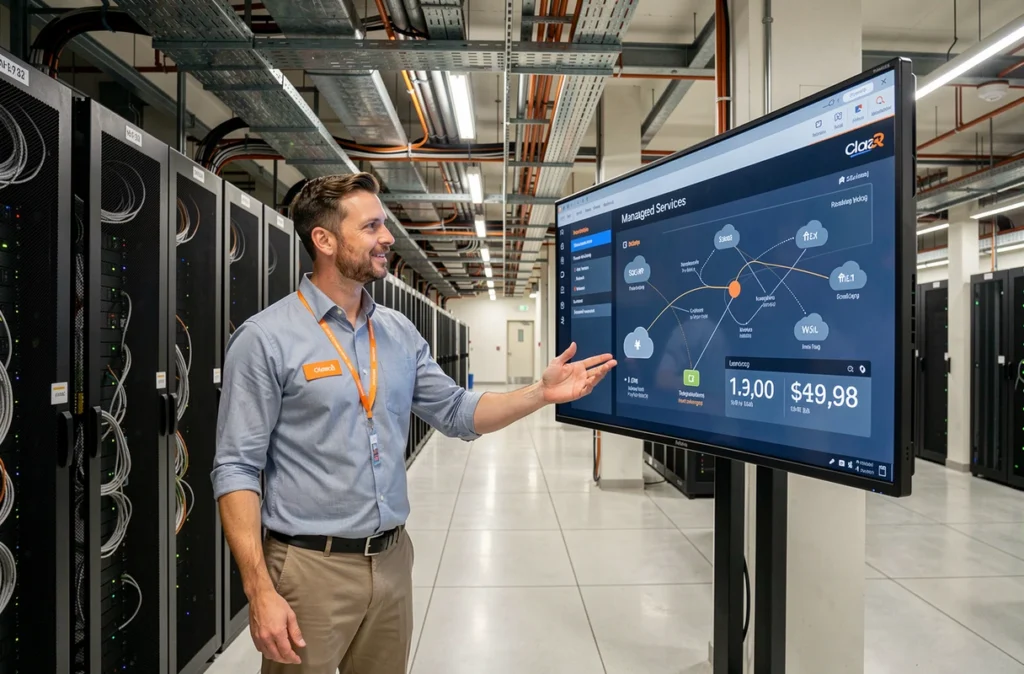 Responsable Orange Business devant un tableau de bord cloud et services managés dans un datacenter à Marseille